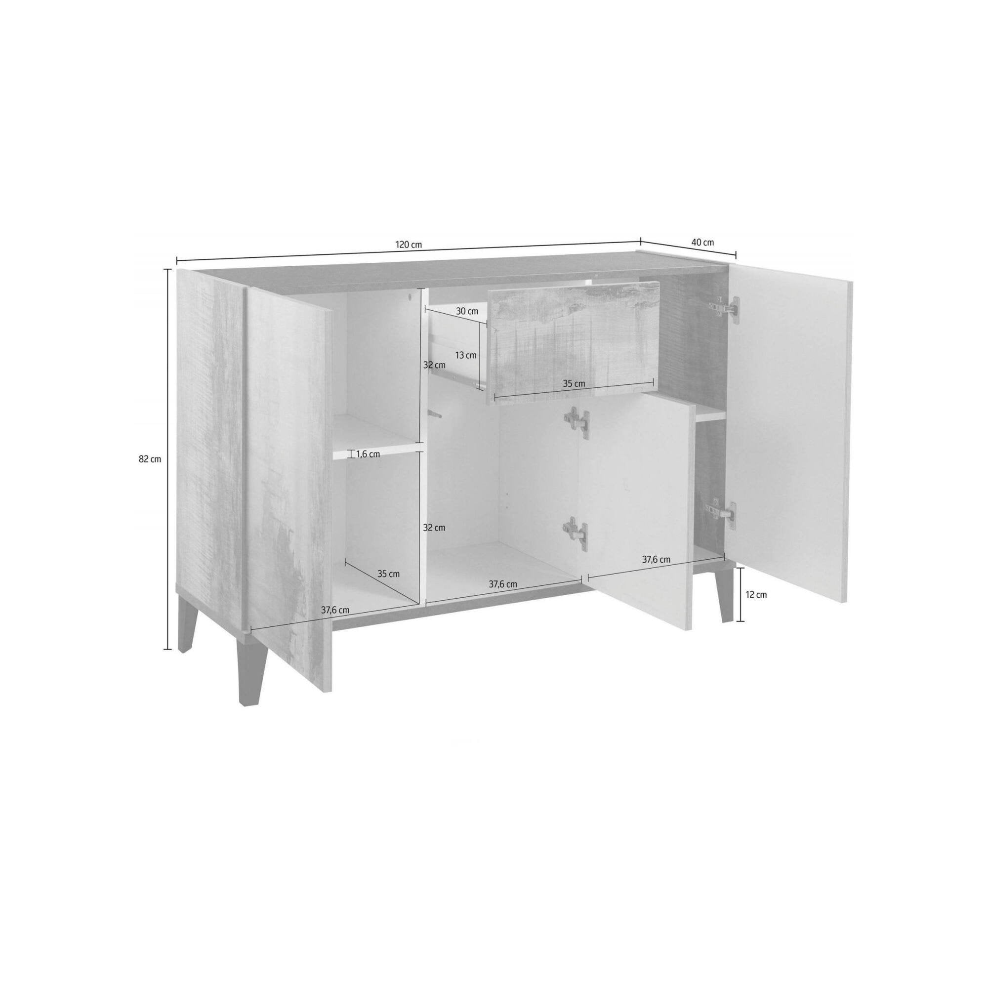 Credenza moderna a 3 ante e 1 Albatross, Made in Italy, Madia da cucina rialzata, Buffet di design da soggiorno, Cm 120x40h82, Bianco lucido e Acero