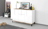 Credenza moderna a 3 ante e 1 Albatross, Made in Italy, Madia da cucina rialzata, Buffet di design da soggiorno, Cm 120x40h82, Bianco lucido e Acero