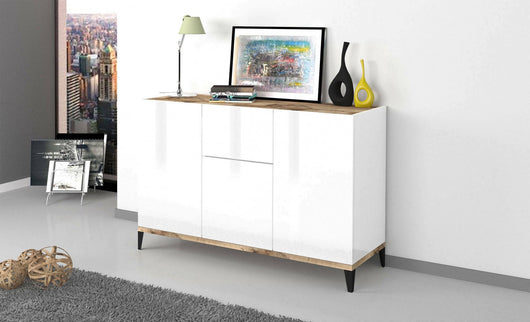 Credenza moderna a 3 ante e 1 Albatross, Made in Italy, Madia da cucina rialzata, Buffet di design da soggiorno, Cm 120x40h82, Bianco lucido e Acero
