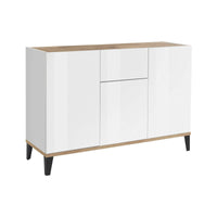 Credenza moderna a 3 ante e 1 Albatross, Made in Italy, Madia da cucina rialzata, Buffet di design da soggiorno, Cm 120x40h82, Bianco lucido e Acero