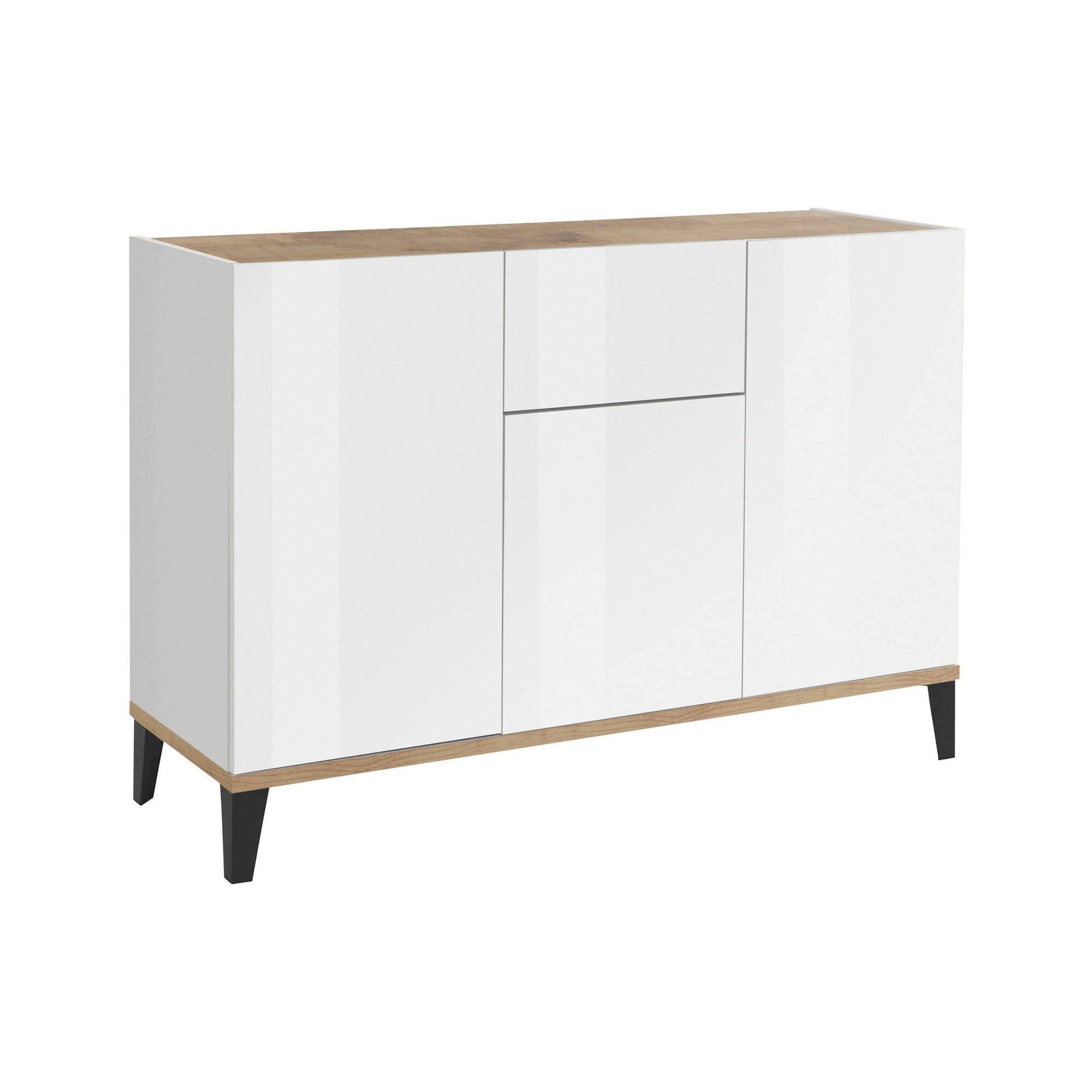 Credenza moderna a 3 ante e 1 Albatross, Made in Italy, Madia da cucina rialzata, Buffet di design da soggiorno, Cm 120x40h82, Bianco lucido e Acero