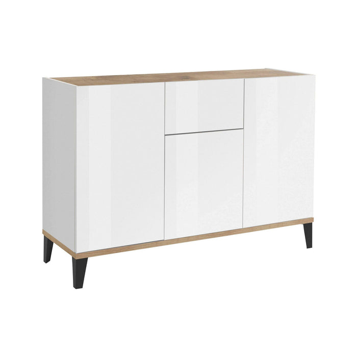 Credenza moderna a 3 ante e 1 Albatross, Made in Italy, Madia da cucina rialzata, Buffet di design da soggiorno, Cm 120x40h82, Bianco lucido e Acero