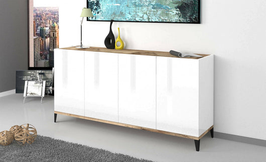 Credenza moderna a 4 Ashley, Made in Italy, Madia da cucina rialzata, Buffet di design da soggiorno, Cm 160x40h82, Bianco lucido e Acero