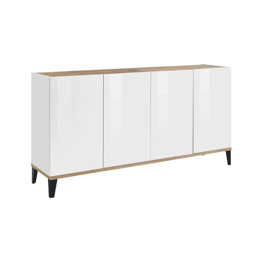 Credenza moderna a 4 Ashley, Made in Italy, Madia da cucina rialzata, Buffet di design da soggiorno, Cm 160x40h82, Bianco lucido e Acero