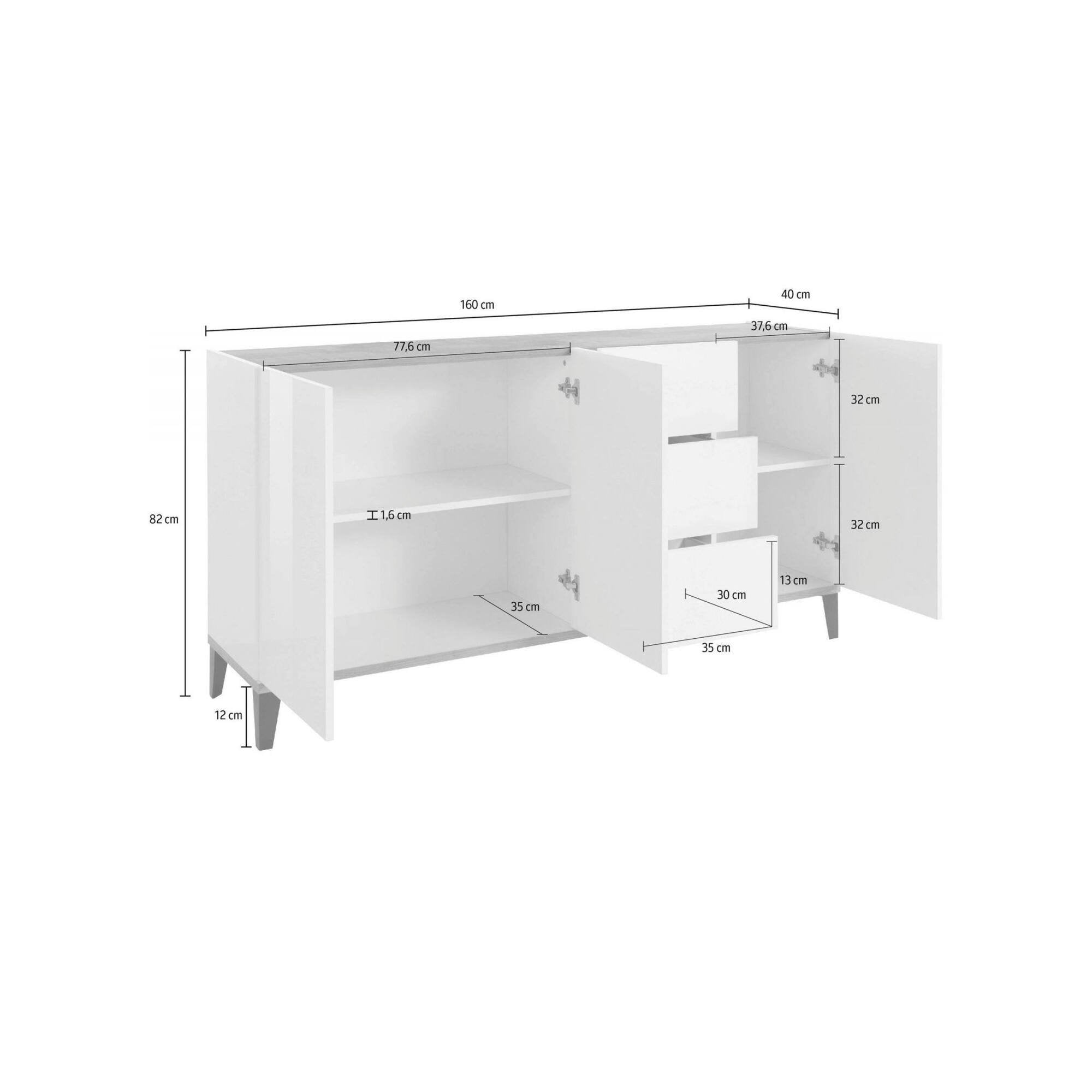 Credenza moderna a 3 ante e 3 Abic, Made in Italy, Madia da cucina rialzata, Buffet di design da soggiorno, Cm 160x40h82, Bianco lucido e Ardesia
