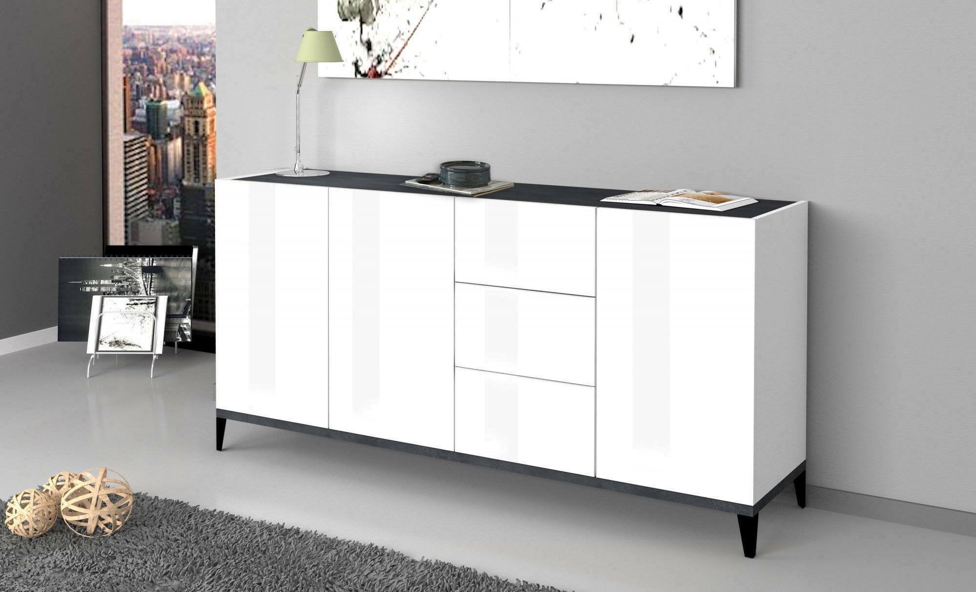 Credenza moderna a 3 ante e 3 Abic, Made in Italy, Madia da cucina rialzata, Buffet di design da soggiorno, Cm 160x40h82, Bianco lucido e Ardesia