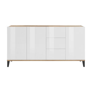 Credenza moderna a 3 ante e 3 Abic, Made in Italy, Madia da cucina rialzata, Buffet di design da soggiorno, Cm 160x40h82, Bianco lucido e Acero