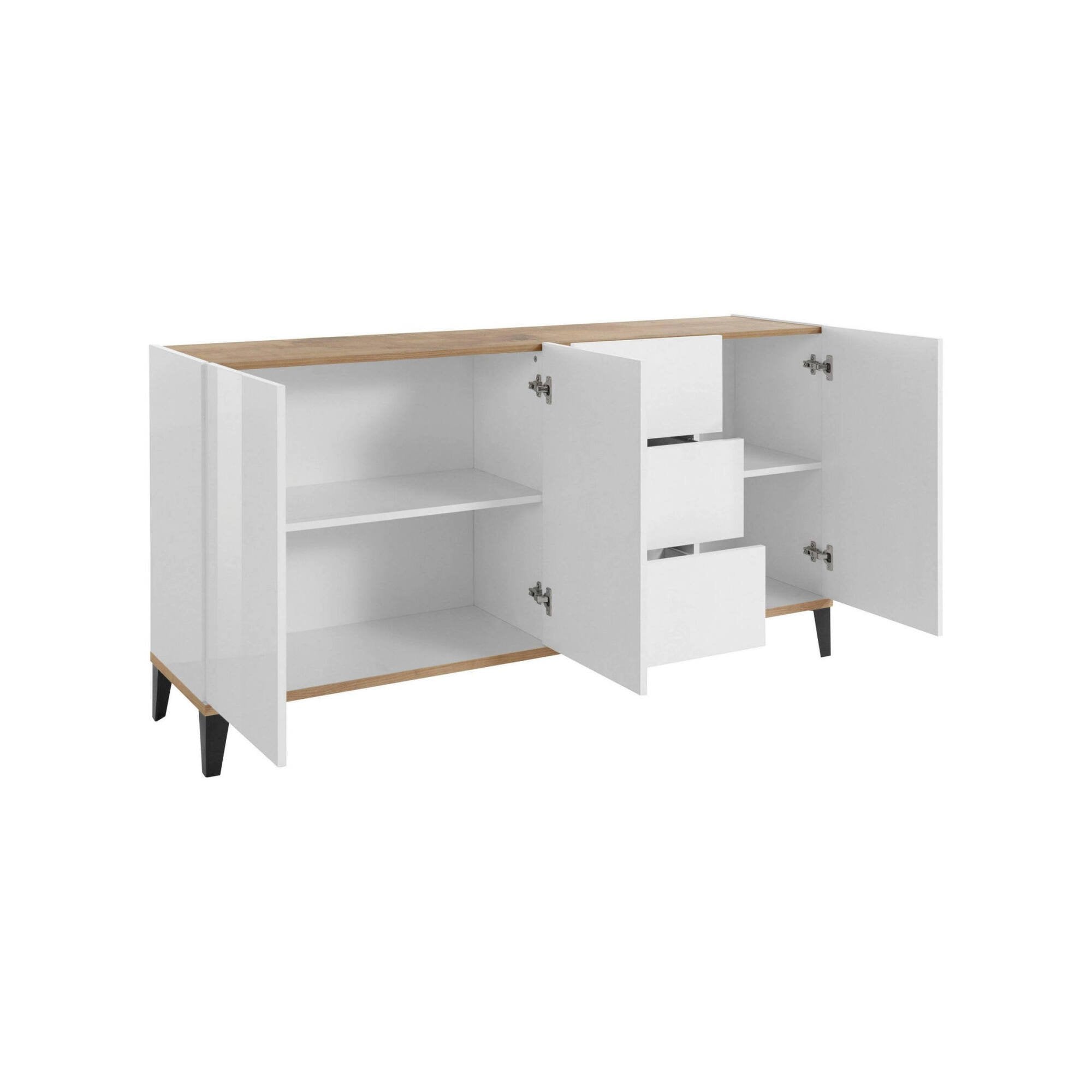 Credenza moderna a 3 ante e 3 Abic, Made in Italy, Madia da cucina rialzata, Buffet di design da soggiorno, Cm 160x40h82, Bianco lucido e Acero