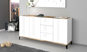 Credenza moderna a 3 ante e 3 Abic, Made in Italy, Madia da cucina rialzata, Buffet di design da soggiorno, Cm 160x40h82, Bianco lucido e Acero