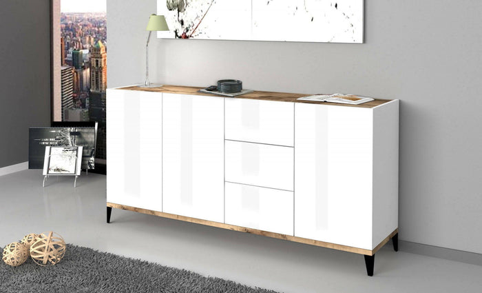Credenza moderna a 3 ante e 3 Abic, Made in Italy, Madia da cucina rialzata, Buffet di design da soggiorno, Cm 160x40h82, Bianco lucido e Acero
