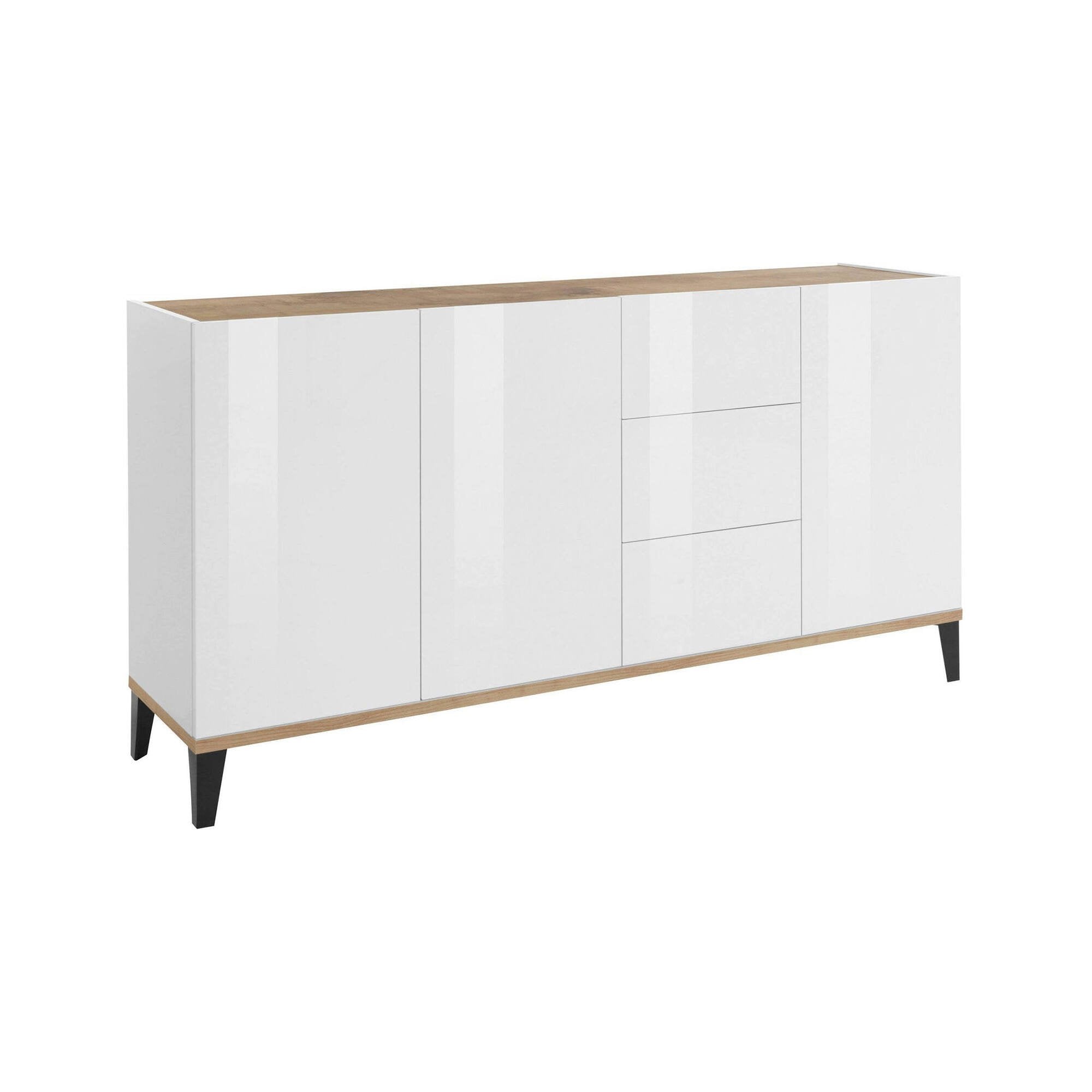 Credenza moderna a 3 ante e 3 Abic, Made in Italy, Madia da cucina rialzata, Buffet di design da soggiorno, Cm 160x40h82, Bianco lucido e Acero