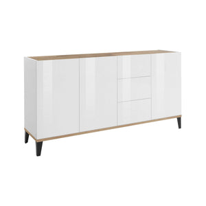 Credenza moderna a 3 ante e 3 Abic, Made in Italy, Madia da cucina rialzata, Buffet di design da soggiorno, Cm 160x40h82, Bianco lucido e Acero
