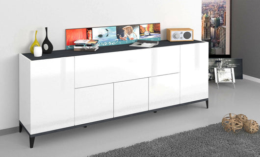 Credenza moderna a 6 Amour, Made in Italy, Madia da cucina rialzata, Buffet di design da soggiorno, Cm 200x40h82, Bianco lucido e Ardesia