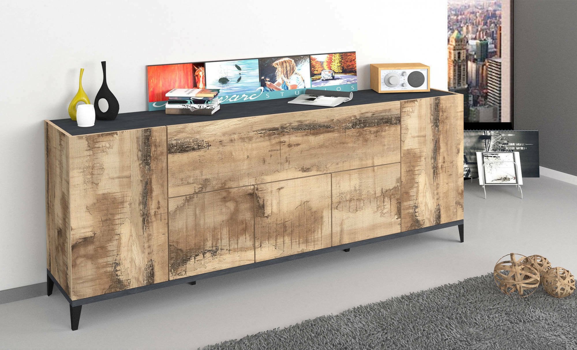 Credenza moderna a 6 Amour, Made in Italy, Madia da cucina rialzata, Buffet di design da soggiorno, Cm 200x40h82, Ardesia e Acero