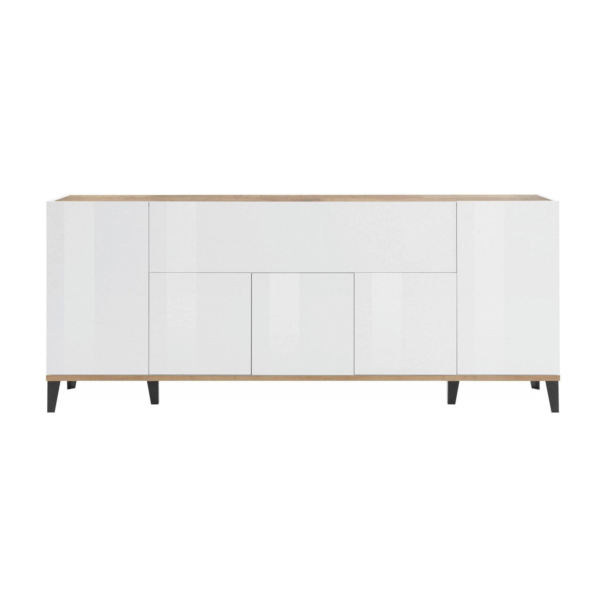 Credenza moderna a 6 Amour, Made in Italy, Madia da cucina rialzata, Buffet di design da soggiorno, Cm 200x40h82, Bianco lucido e Acero