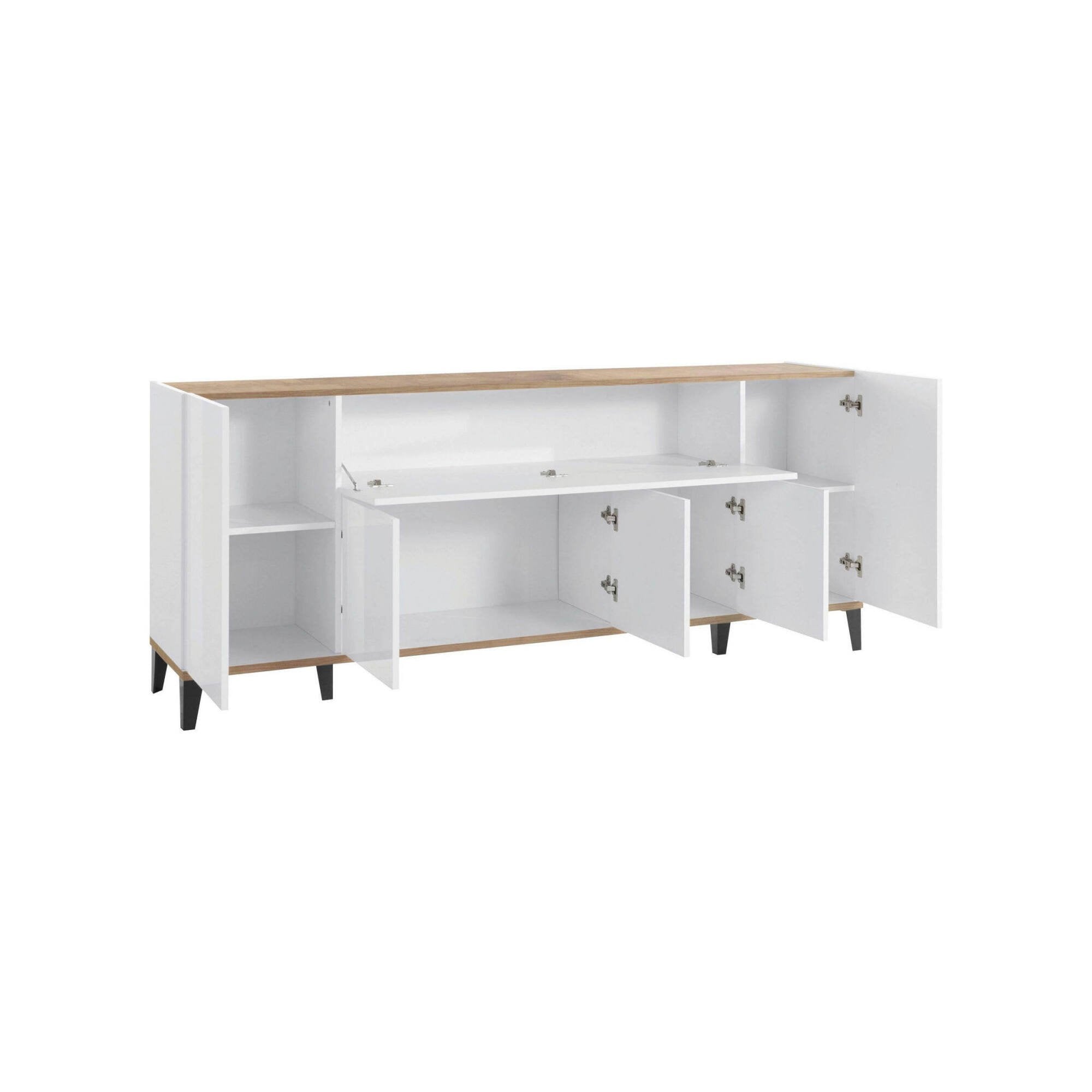 Credenza moderna a 6 Amour, Made in Italy, Madia da cucina rialzata, Buffet di design da soggiorno, Cm 200x40h82, Bianco lucido e Acero