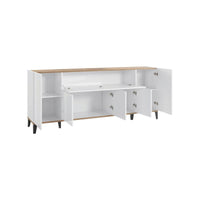Credenza moderna a 6 Amour, Made in Italy, Madia da cucina rialzata, Buffet di design da soggiorno, Cm 200x40h82, Bianco lucido e Acero
