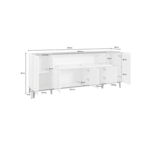 Credenza moderna a 6 Amour, Made in Italy, Madia da cucina rialzata, Buffet di design da soggiorno, Cm 200x40h82, Bianco lucido e Acero