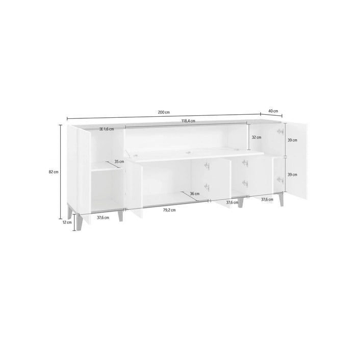 Credenza moderna a 6 Amour, Made in Italy, Madia da cucina rialzata, Buffet di design da soggiorno, Cm 200x40h82, Bianco lucido e Acero