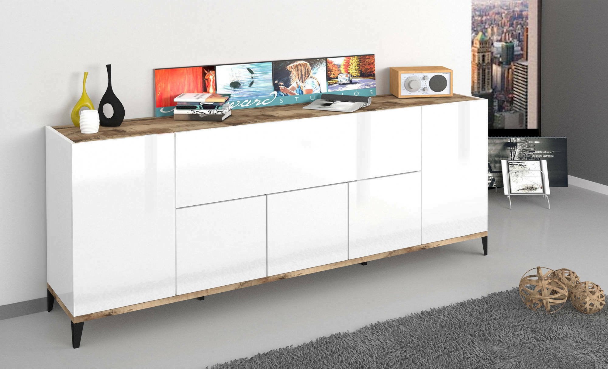 Credenza moderna a 6 Amour, Made in Italy, Madia da cucina rialzata, Buffet di design da soggiorno, Cm 200x40h82, Bianco lucido e Acero