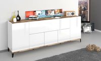 Credenza moderna a 6 Amour, Made in Italy, Madia da cucina rialzata, Buffet di design da soggiorno, Cm 200x40h82, Bianco lucido e Acero