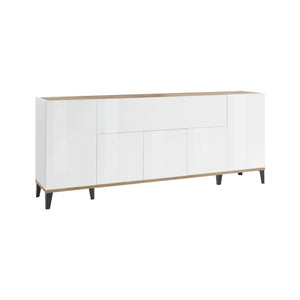Credenza moderna a 6 Amour, Made in Italy, Madia da cucina rialzata, Buffet di design da soggiorno, Cm 200x40h82, Bianco lucido e Acero