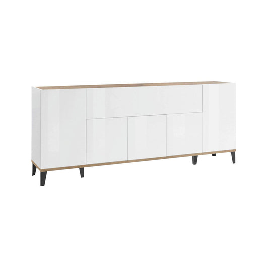 Credenza moderna a 6 Amour, Made in Italy, Madia da cucina rialzata, Buffet di design da soggiorno, Cm 200x40h82, Bianco lucido e Acero