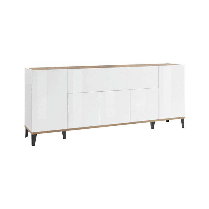 Credenza moderna a 6 Amour, Made in Italy, Madia da cucina rialzata, Buffet di design da soggiorno, Cm 200x40h82, Bianco lucido e Acero
