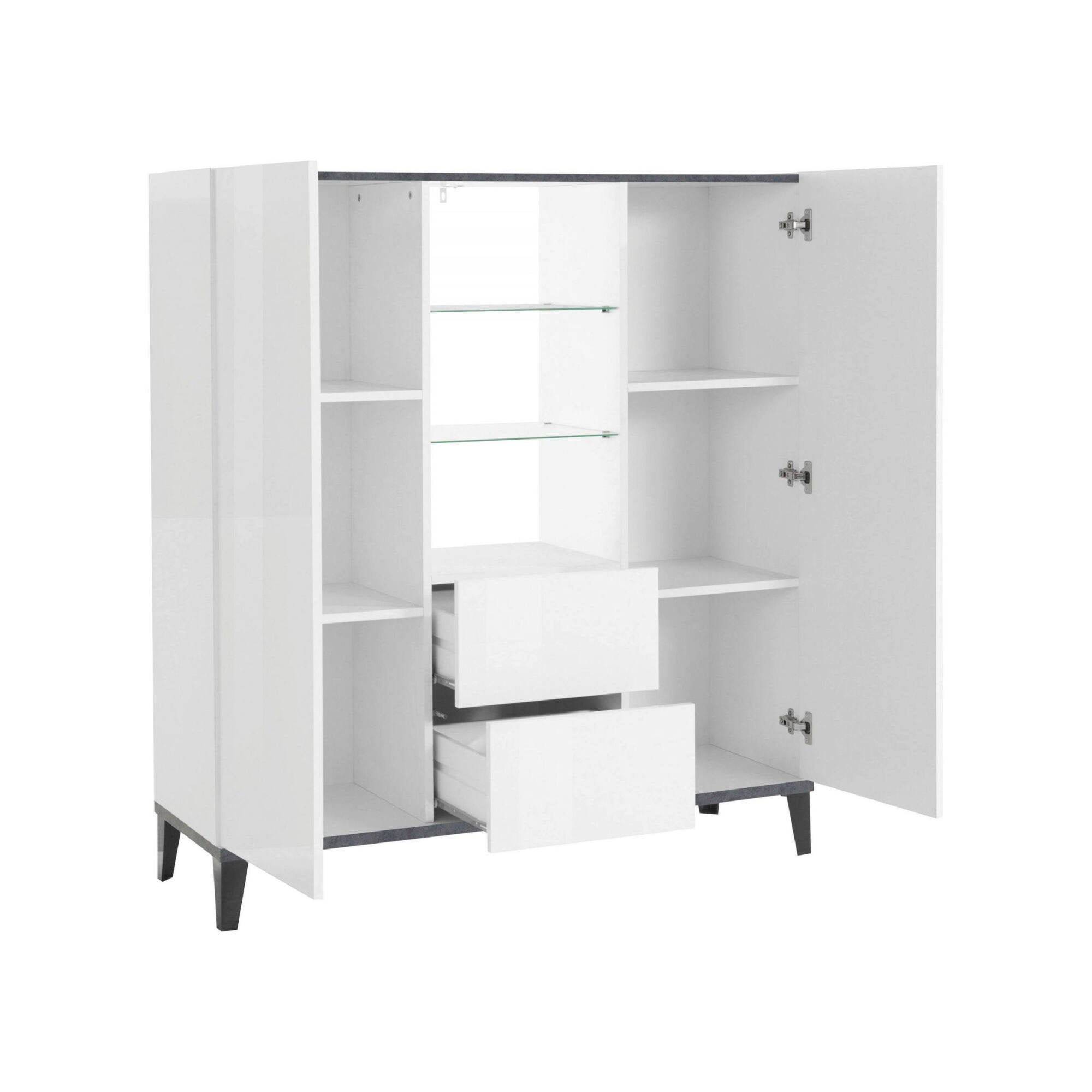 Credenza moderna a 2 ante e 2 Scirocco, Made in Italy, Madia con ripiani, Buffet di design da ingresso, Cm 120x40h133, Bianco lucido e Ardesia