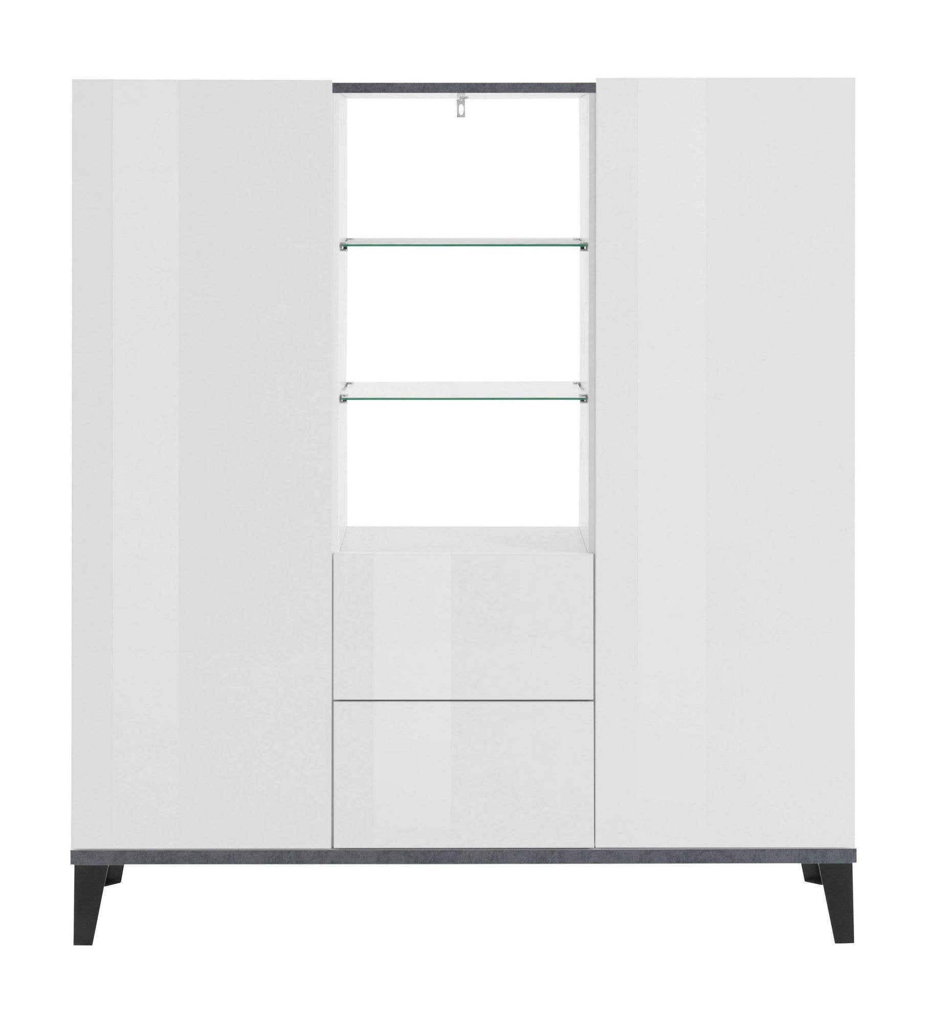 Credenza moderna a 2 ante e 2 Scirocco, Made in Italy, Madia con ripiani, Buffet di design da ingresso, Cm 120x40h133, Bianco lucido e Ardesia