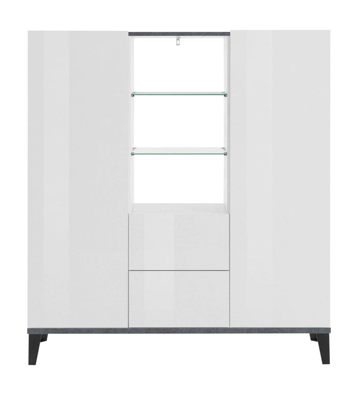 Credenza moderna a 2 ante e 2 Scirocco, Made in Italy, Madia con ripiani, Buffet di design da ingresso, Cm 120x40h133, Bianco lucido e Ardesia