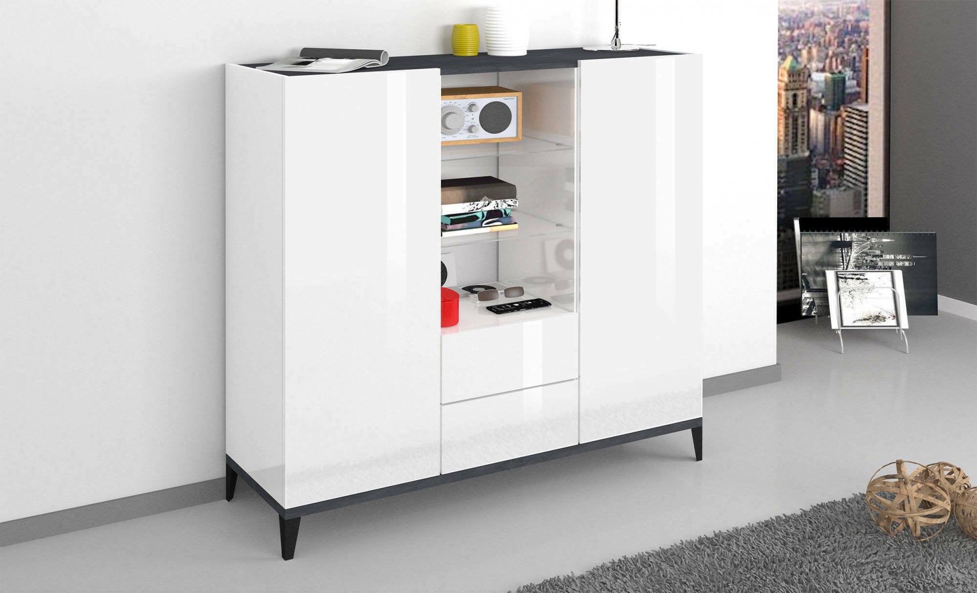 Credenza moderna a 2 ante e 2 Scirocco, Made in Italy, Madia con ripiani, Buffet di design da ingresso, Cm 120x40h133, Bianco lucido e Ardesia