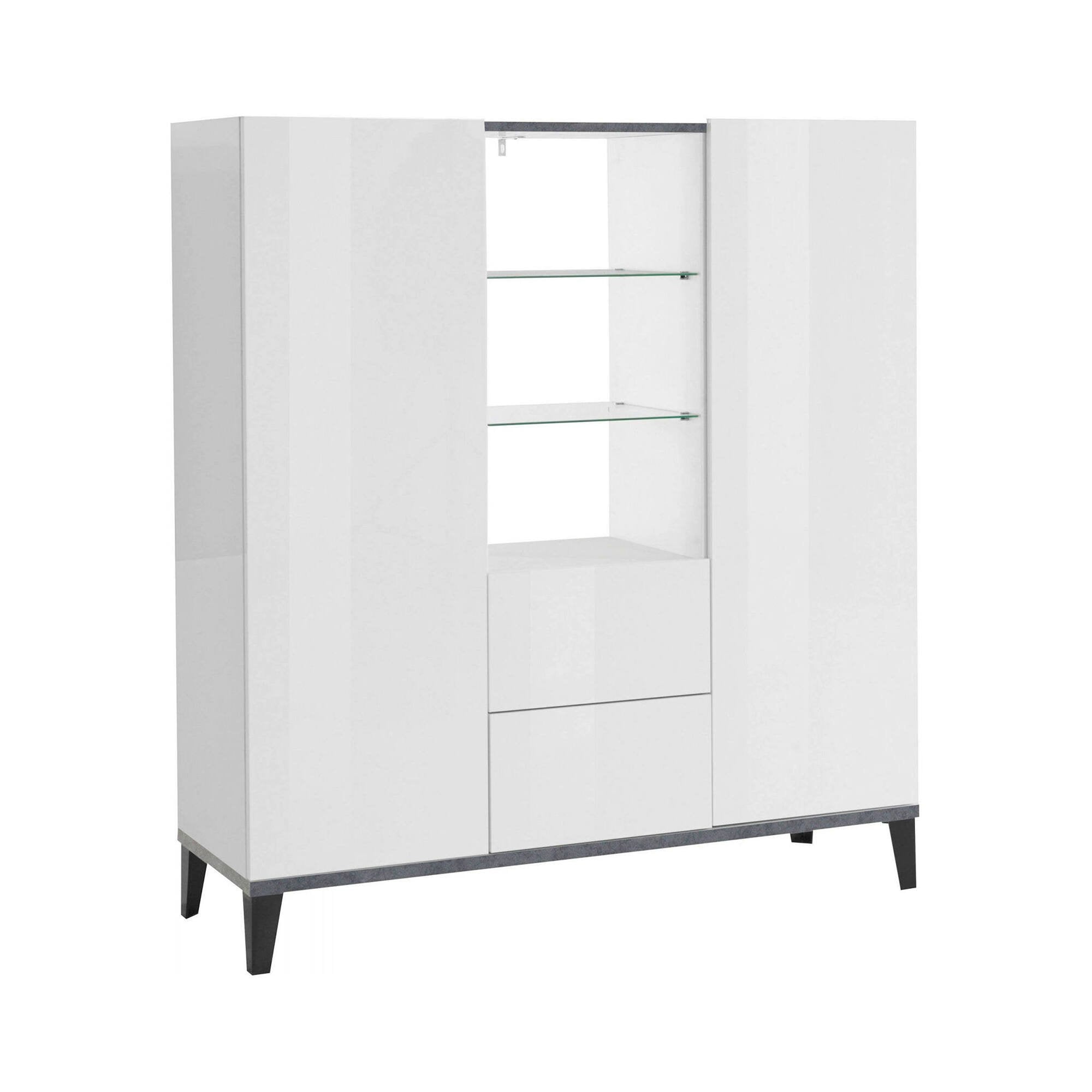 Credenza moderna a 2 ante e 2 Scirocco, Made in Italy, Madia con ripiani, Buffet di design da ingresso, Cm 120x40h133, Bianco lucido e Ardesia