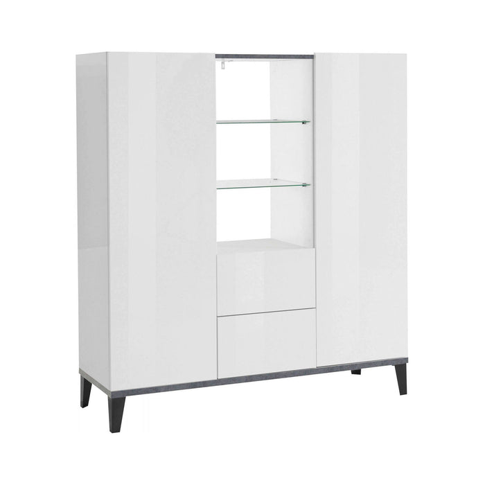 Credenza moderna a 2 ante e 2 Scirocco, Made in Italy, Madia con ripiani, Buffet di design da ingresso, Cm 120x40h133, Bianco lucido e Ardesia