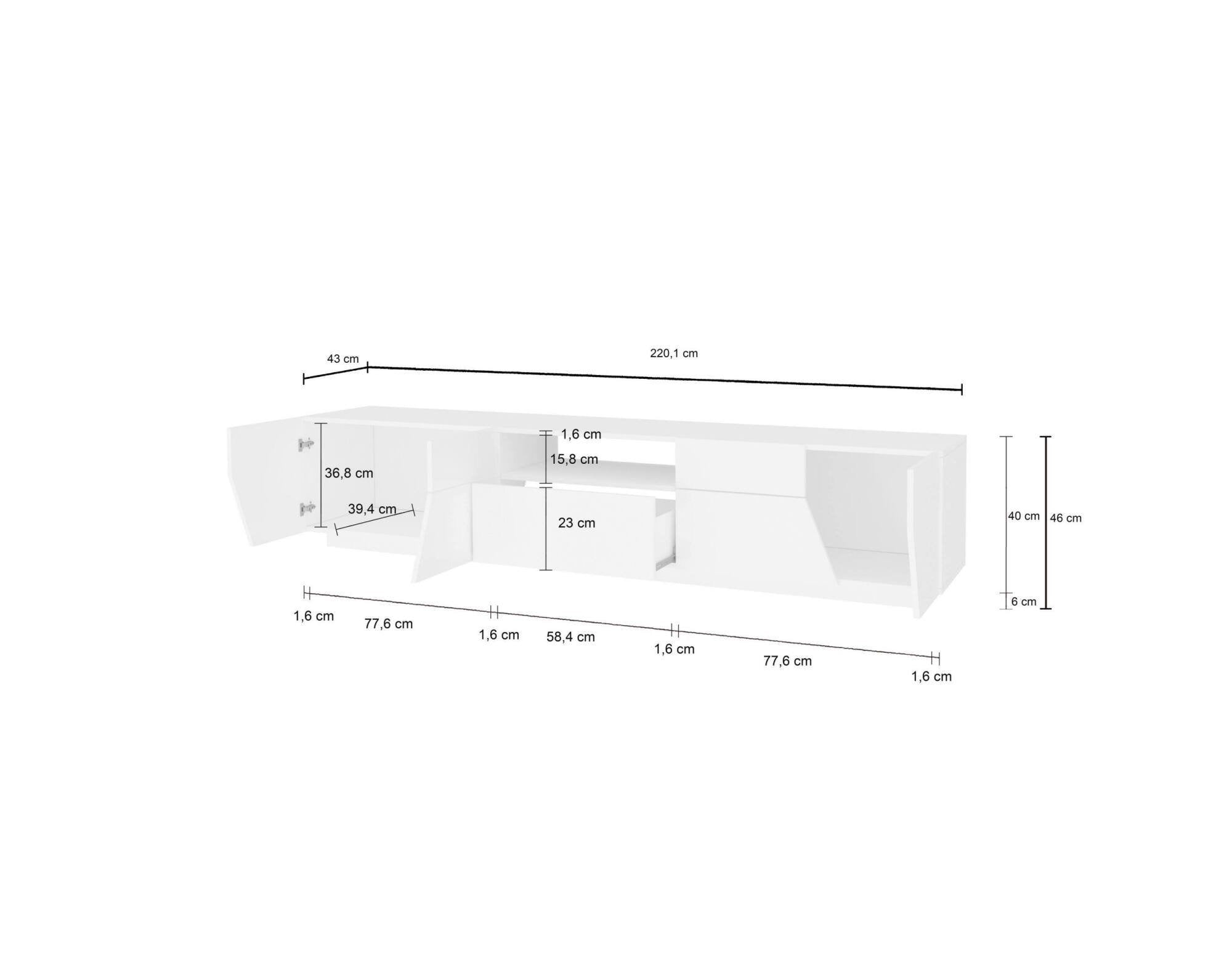 Mobile da soggiorno Porta Animai, Made in Italy, Credenza per Animai da salotto a 4 ante geometriche e 1 cassetto, Cm 220x43h46, Bianco lucido