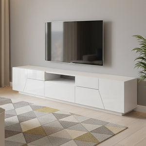 Mobile da soggiorno Porta Animai, Made in Italy, Credenza per Animai da salotto a 4 ante geometriche e 1 cassetto, Cm 220x43h46, Bianco lucido