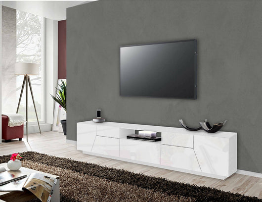 Mobile da soggiorno Porta Animai, Made in Italy, Credenza per Animai da salotto a 4 ante geometriche e 1 cassetto, Cm 220x43h46, Bianco lucido