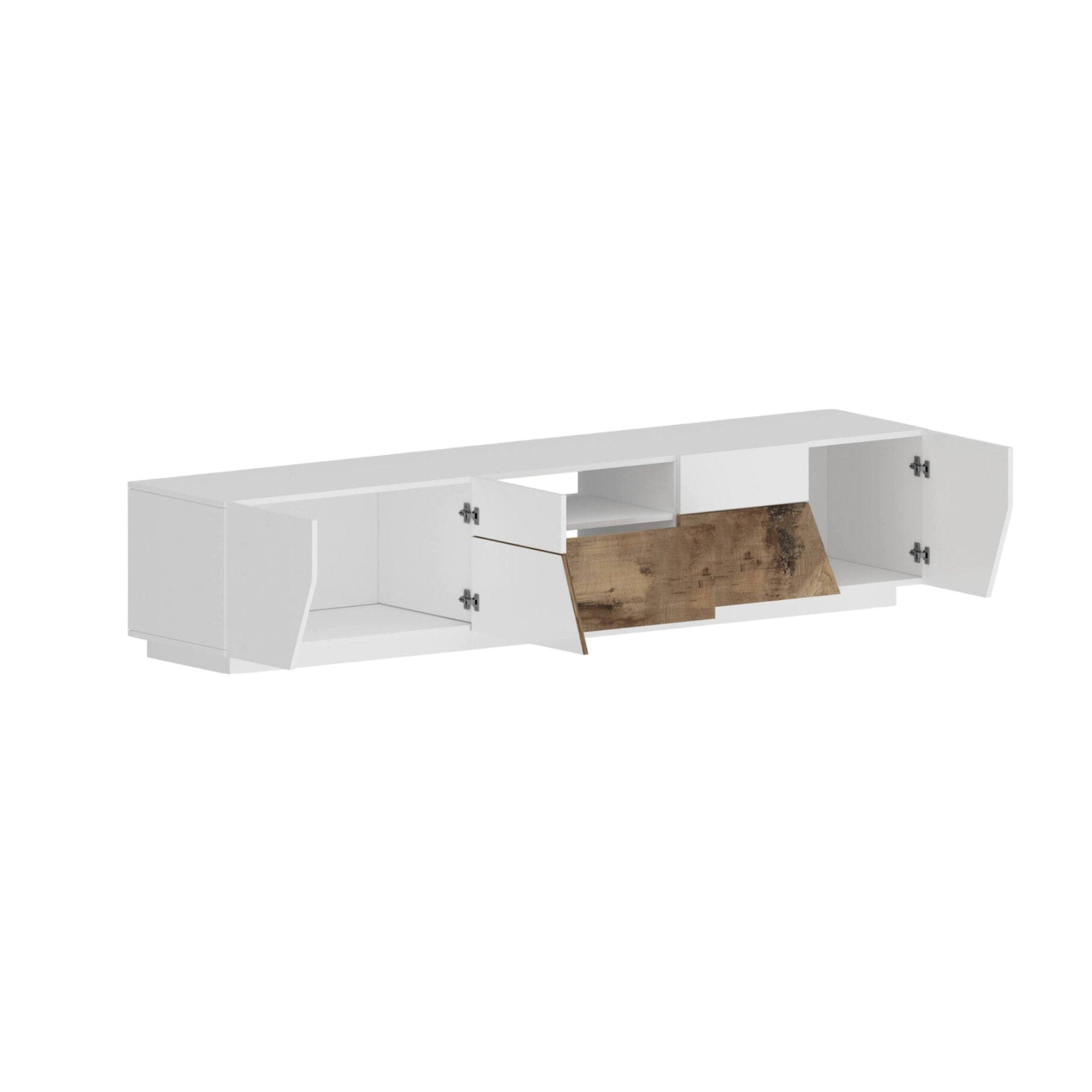 Mobile da soggiorno Porta Animai, Made in Italy, Credenza per Animai da salotto a 4 ante geometriche e 1 cassetto, Cm 220x43h46, Bianco lucido e Acero
