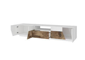 Mobile da soggiorno Porta Animai, Made in Italy, Credenza per Animai da salotto a 4 ante geometriche e 1 cassetto, Cm 220x43h46, Bianco lucido e Acero