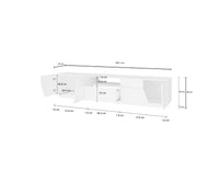 Mobile da soggiorno Porta Animai, Made in Italy, Credenza per Animai da salotto a 4 ante geometriche e 1 cassetto, Cm 220x43h46, Bianco lucido e Acero