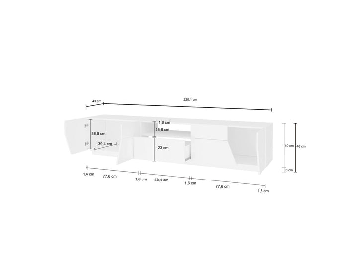 Mobile da soggiorno Porta Animai, Made in Italy, Credenza per Animai da salotto a 4 ante geometriche e 1 cassetto, Cm 220x43h46, Bianco lucido e Acero