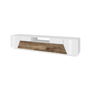 Mobile da soggiorno Porta Animai, Made in Italy, Credenza per Animai da salotto a 4 ante geometriche e 1 cassetto, Cm 220x43h46, Bianco lucido e Acero