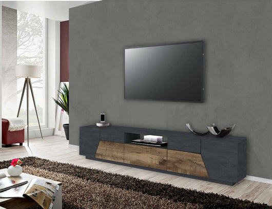 Mobile da soggiorno Porta Animai, Made in Italy, Credenza per Animai da salotto a 4 ante geometriche e 1 cassetto, Cm 220x43h46, Ardesia e Acero