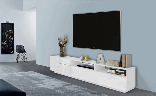 Mobile da soggiorno Porta Arghi, Made in Italy, Credenza per Arghi da salotto a 2 ante geometriche e 2 cassetti, Cm 200x43h46, Bianco lucido