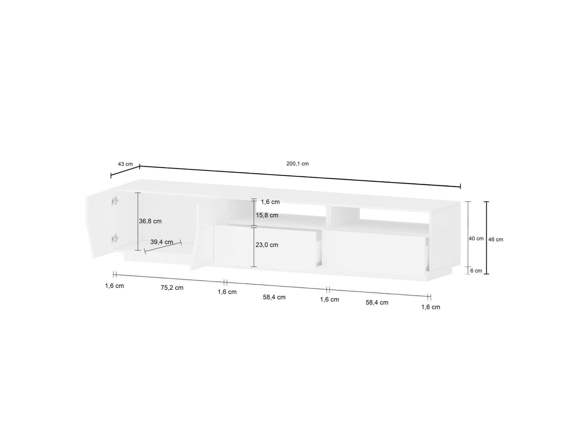 Mobile da soggiorno Porta Arghi, Made in Italy, Credenza per Arghi da salotto a 2 ante geometriche e 2 cassetti, Cm 200x43h46, Bianco lucido