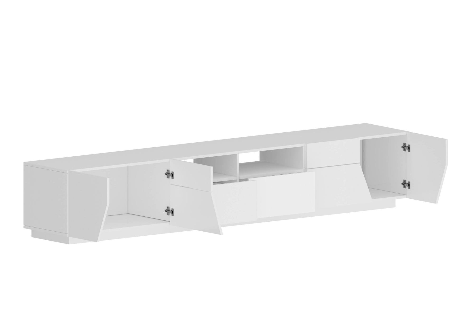 Mobile da soggiorno Porta Asdrubale, Made in Italy, Credenza per Asdrubale da salotto a 4 ante geometriche e 2 cassetti, Cm 260x43h46, Bianco lucido