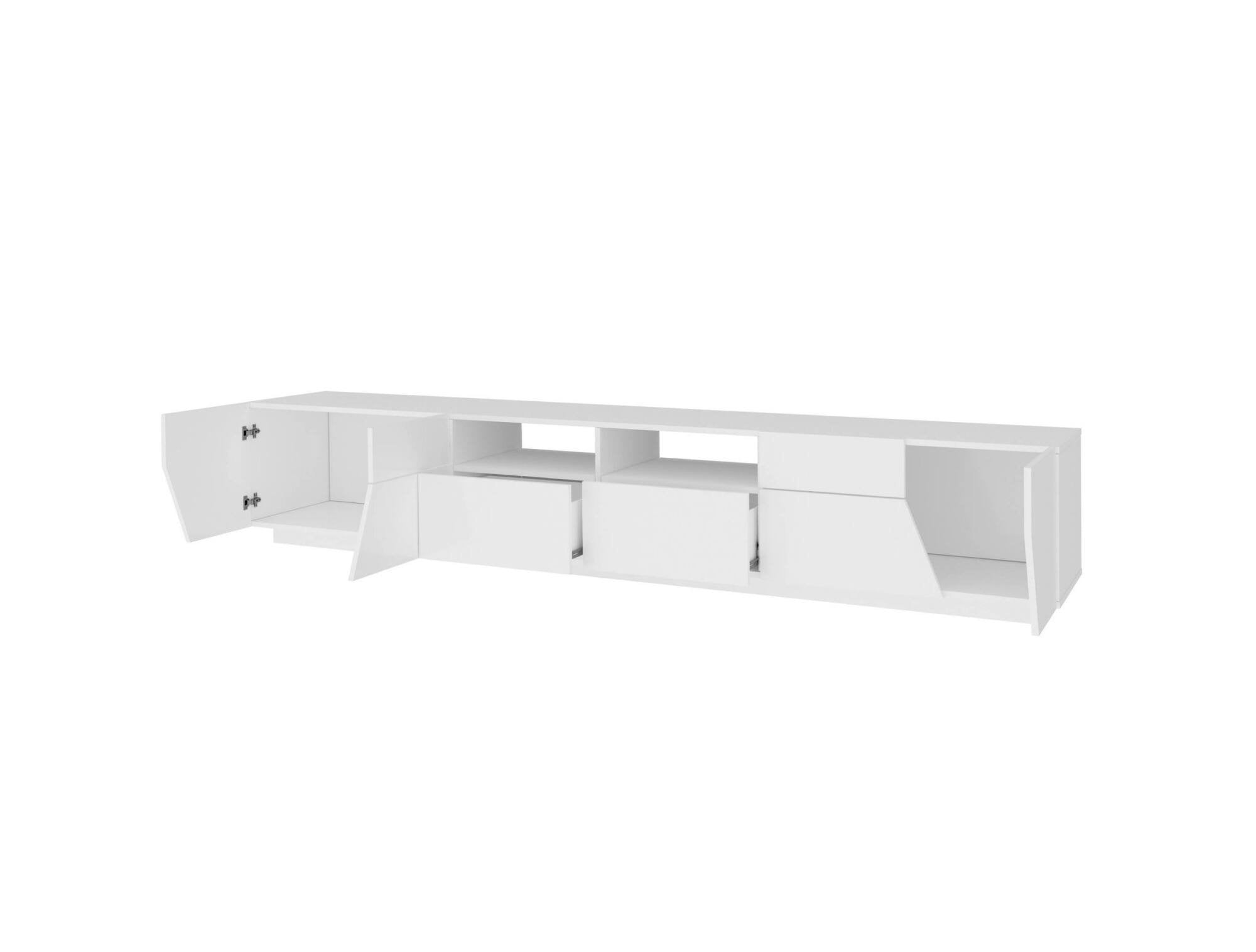 Mobile da soggiorno Porta Asdrubale, Made in Italy, Credenza per Asdrubale da salotto a 4 ante geometriche e 2 cassetti, Cm 260x43h46, Bianco lucido