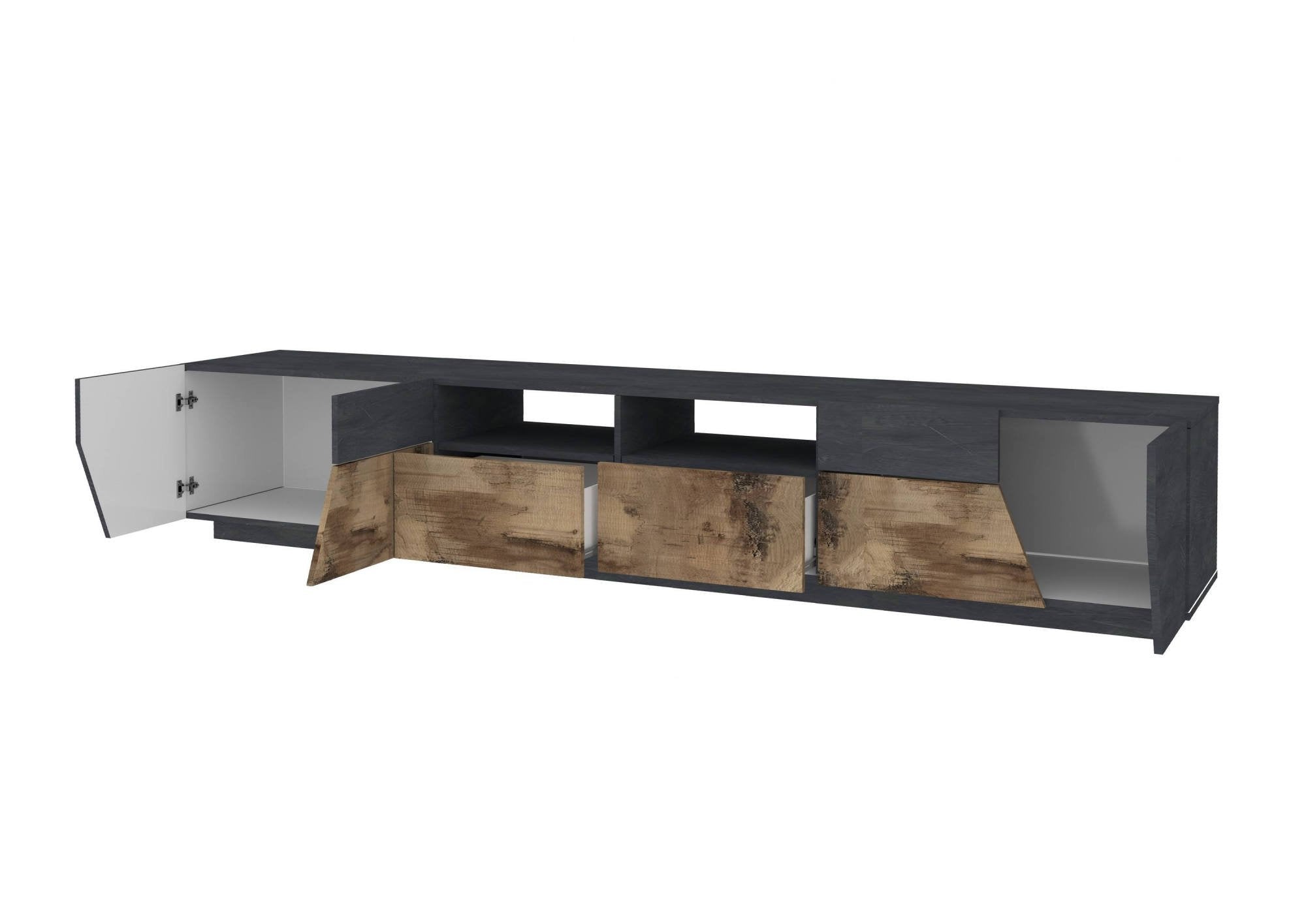 Mobile da soggiorno Porta Asdrubale, Made in Italy, Credenza per Asdrubale da salotto a 4 ante geometriche e 2 cassetti, Cm 260x43h46, Ardesia e Acero