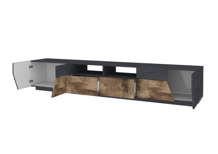 Mobile da soggiorno Porta Asdrubale, Made in Italy, Credenza per Asdrubale da salotto a 4 ante geometriche e 2 cassetti, Cm 260x43h46, Ardesia e Acero