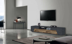 Mobile da soggiorno Porta Asdrubale, Made in Italy, Credenza per Asdrubale da salotto a 4 ante geometriche e 2 cassetti, Cm 260x43h46, Ardesia e Acero